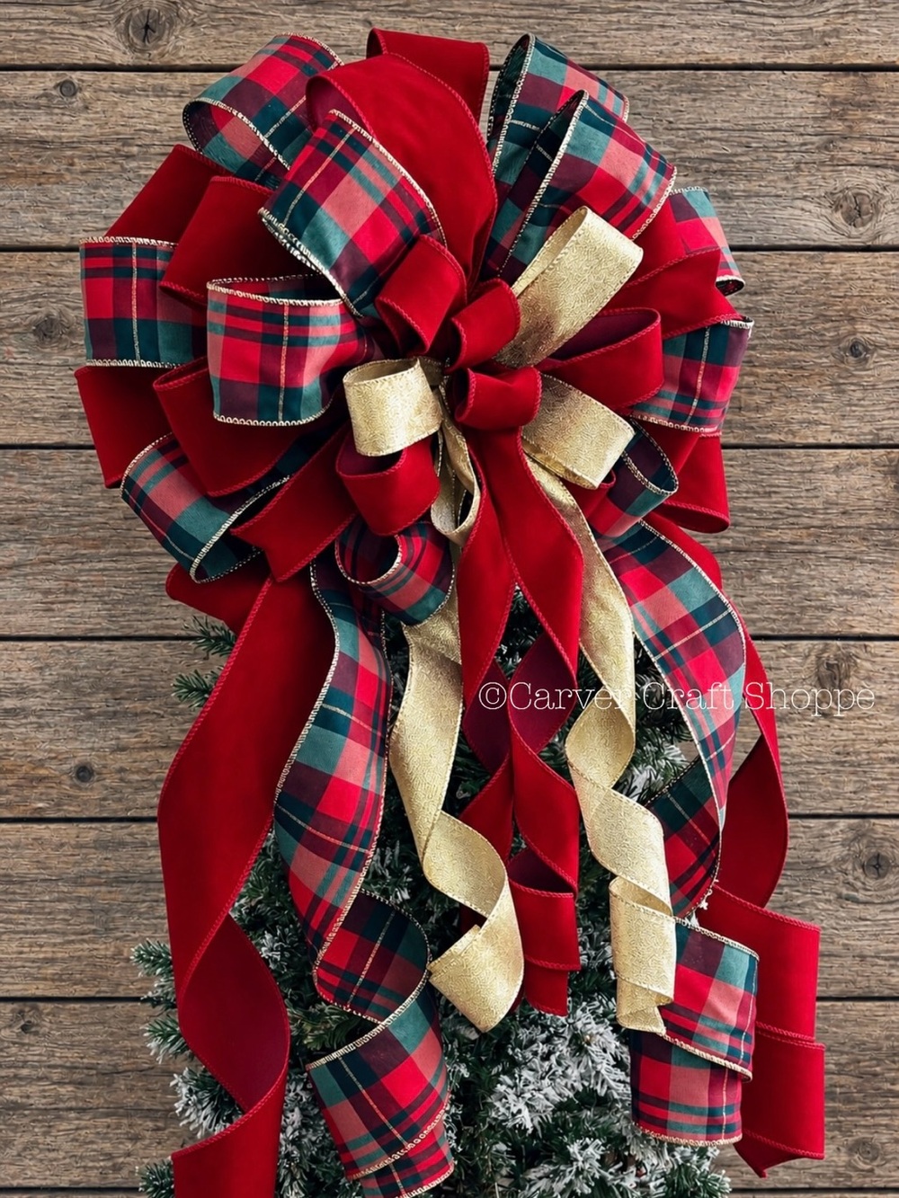Christmas tree topper large bow Ralph Lauren inspired plaid decor gift